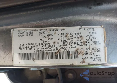 1998 Toyota 4Runner Sr5 V6 z USA, uszkodzony, nr VIN JT3HN86R5W0186057